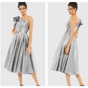 Mac Duggal Silver Gown-Size 4-one shoulder tea‎ holiday wedding brocade NWT